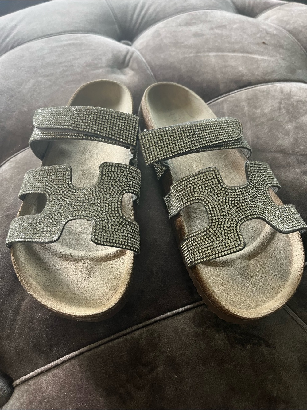 Metallic Silver Crystal-Embellished Slide Sandals